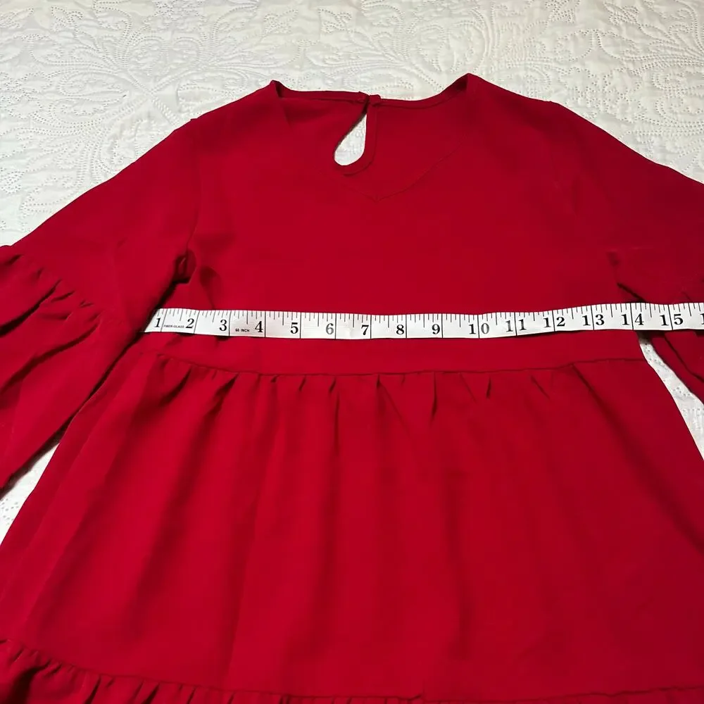 Tiered Long Sleeve Solid Red Dress